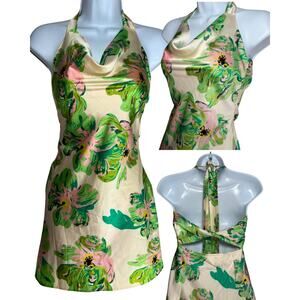 Astr The Label Cream Green Satin Floral Cowl Halter Mini Dress Sz Small 90s Y2K